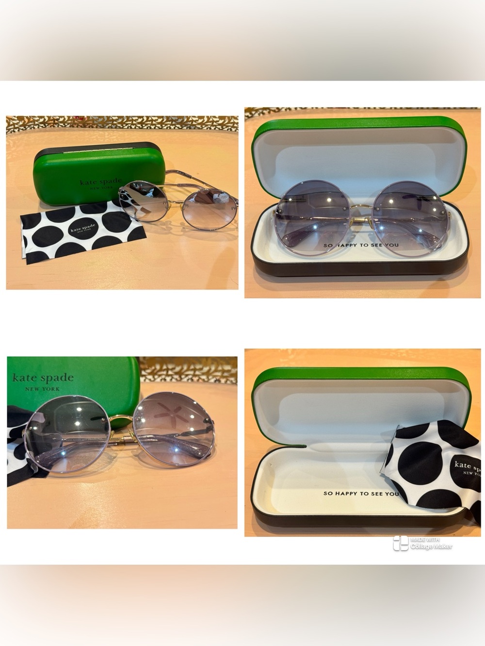 Kate Spade ABIA/F/S8079O Round Sunglasses Gold Glitter Frame Gray Gradient Lens.